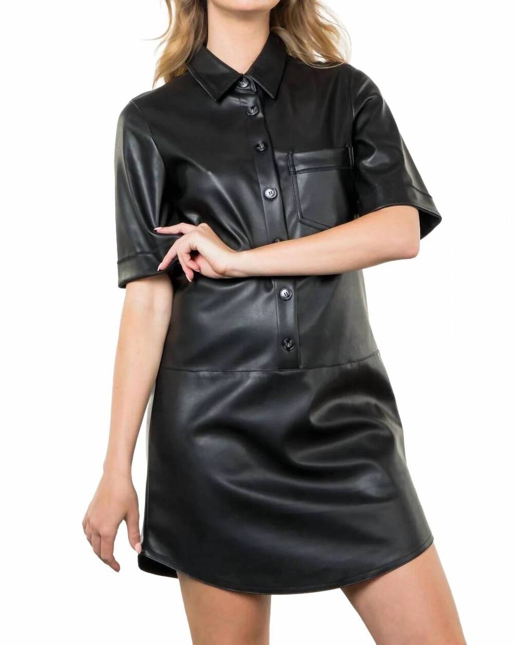 NEW THML vegan leather mini dress in black